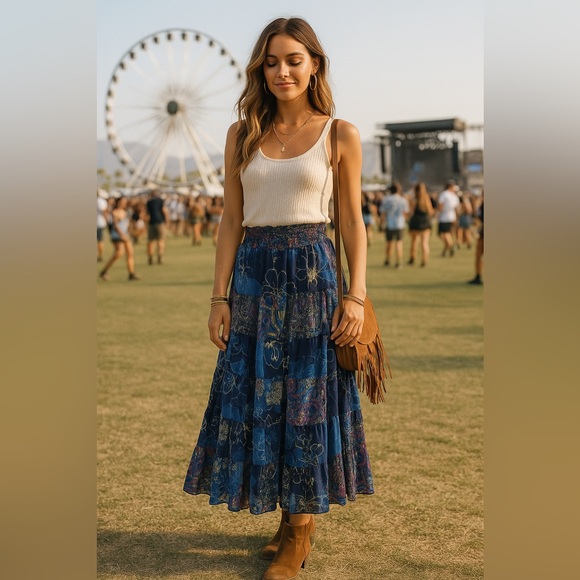 Chaudry Boho Patchwork Tiered Maxi Skirt Blue Floral Paisley Smocked Waist S - Picture 10 of 10